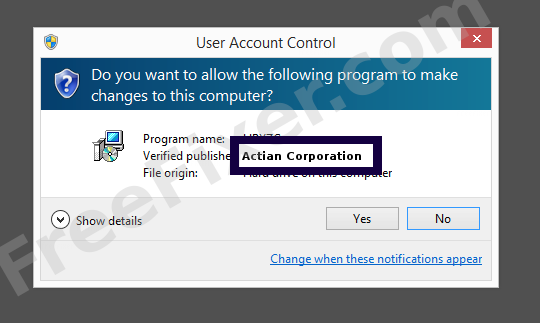 Screenshot where Actian Corporation appears as the verified publisher in the UAC dialog